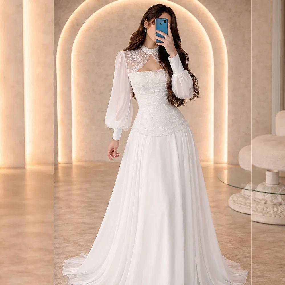 Customized Grace Formal Evening Gowns Long Sleeves Pleat A-line Long Dresses Wedding Party Dress Elegant High Quality