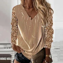 Pullover Top Loose Party Blouse Golden Color Stitching Shiny Blouse Women Tops V Neck Pullovers Casual Sports Streetwear