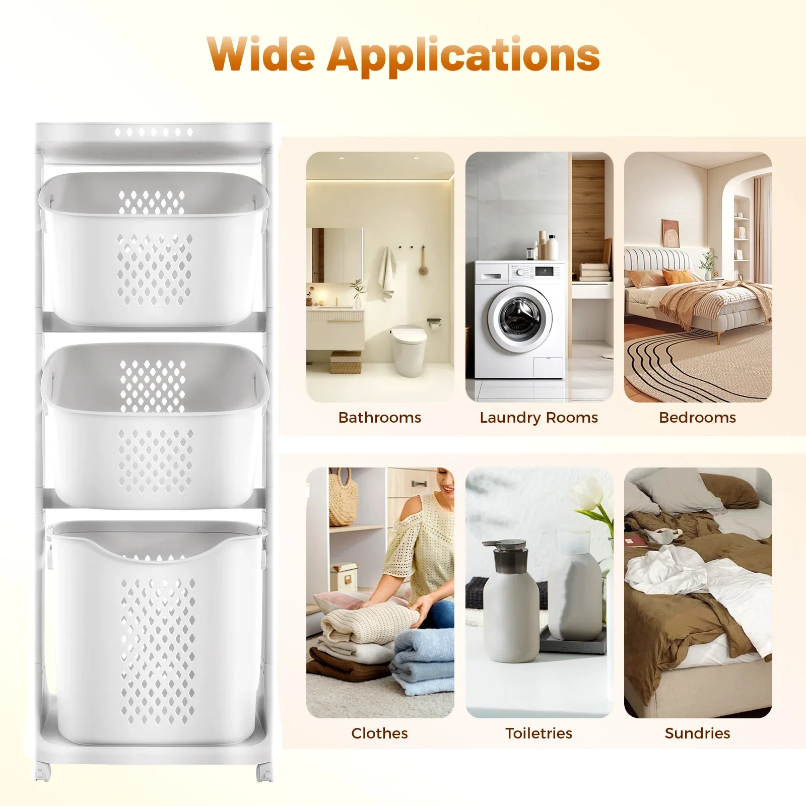 

3-Layer Dirty Laundry Basket, Laundry Basket with Wheels, Clothes Storage Basket Organizer for Bathroom, Bedroom, Kitchen, White
