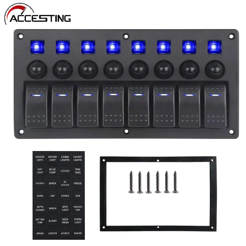 8 Gang Rocker Switch Panel For Jeep Boat Marine Car 12V 24V Waterproof On-Off 5pin 12v Led Panel Switch With Sticker Set