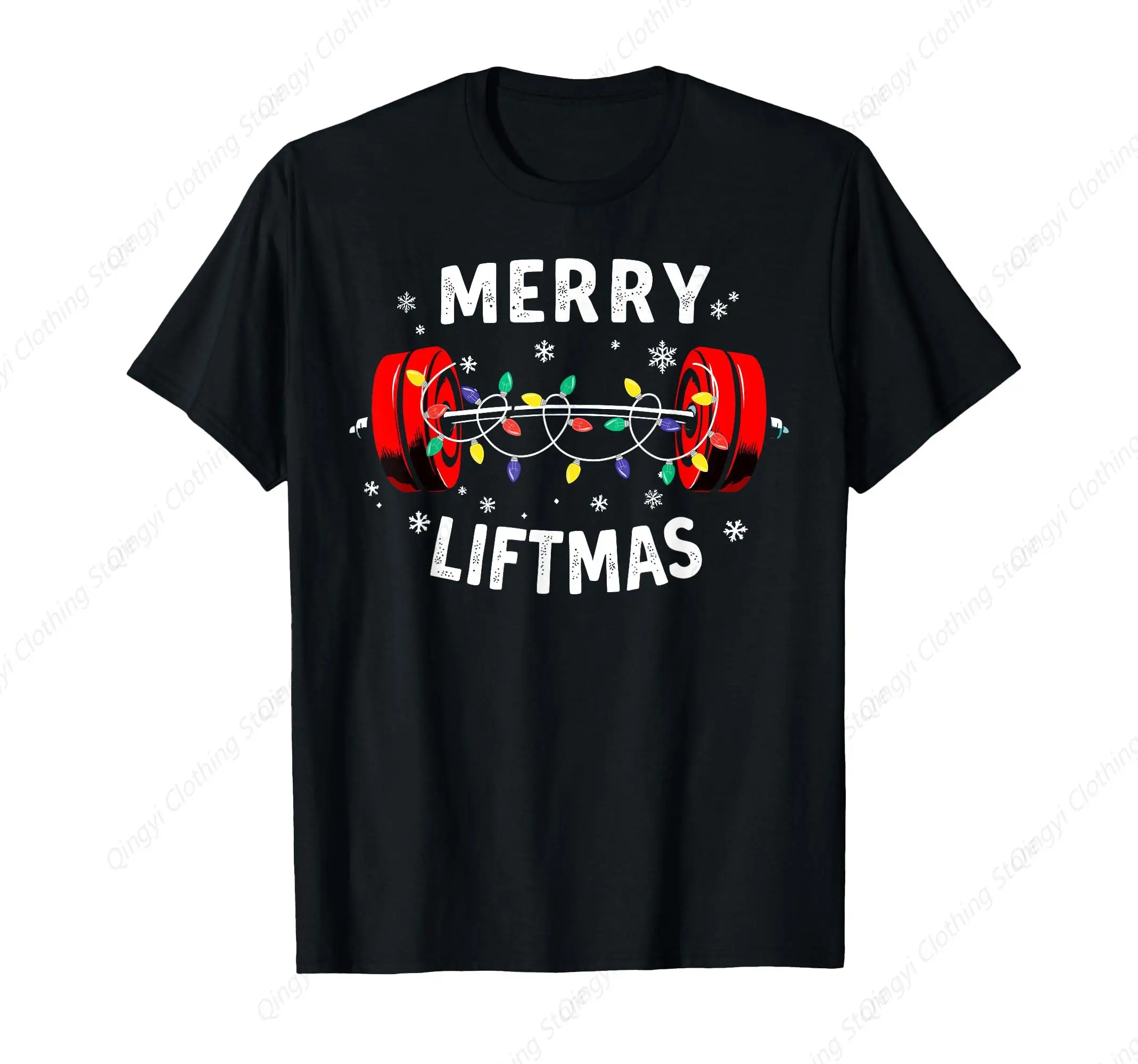 Merry Liftmas Barbell Christmas Tree Lights Weightlifting T-Shirt