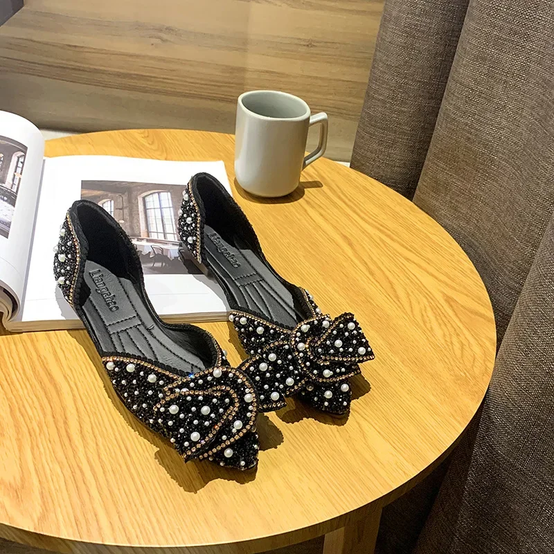 Women Summer Rhinestone Female Flat Shoes Female Korean Version Bow Tie Shallow Mouth Toe Tip Women\'s Single Shoes