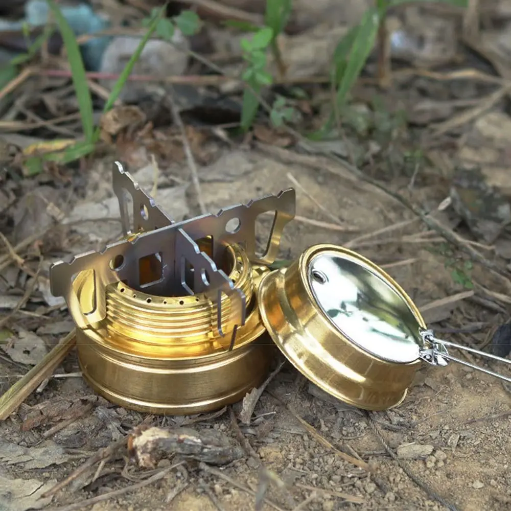Estufa de Alcohol portátil para exteriores con soporte, utensilios de cocina a prueba de viento, estufa de Camping de acero inoxidable, asas plegables seguras