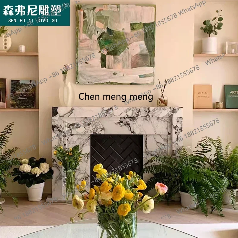 C456 Marble fireplace stone French large white interior decoration cabinet stone carving fireplace customization