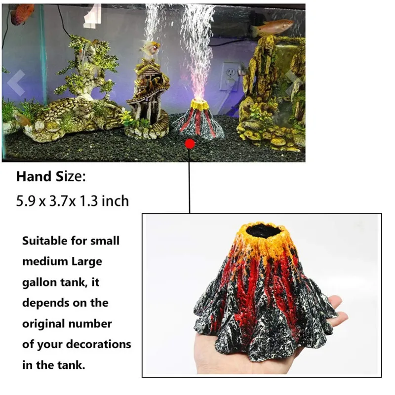 Decoraciones de acuario de resina, juego de adornos con forma de volcán, burbujeador de piedra de aire, foco LED rojo para pecera de acuario Betta