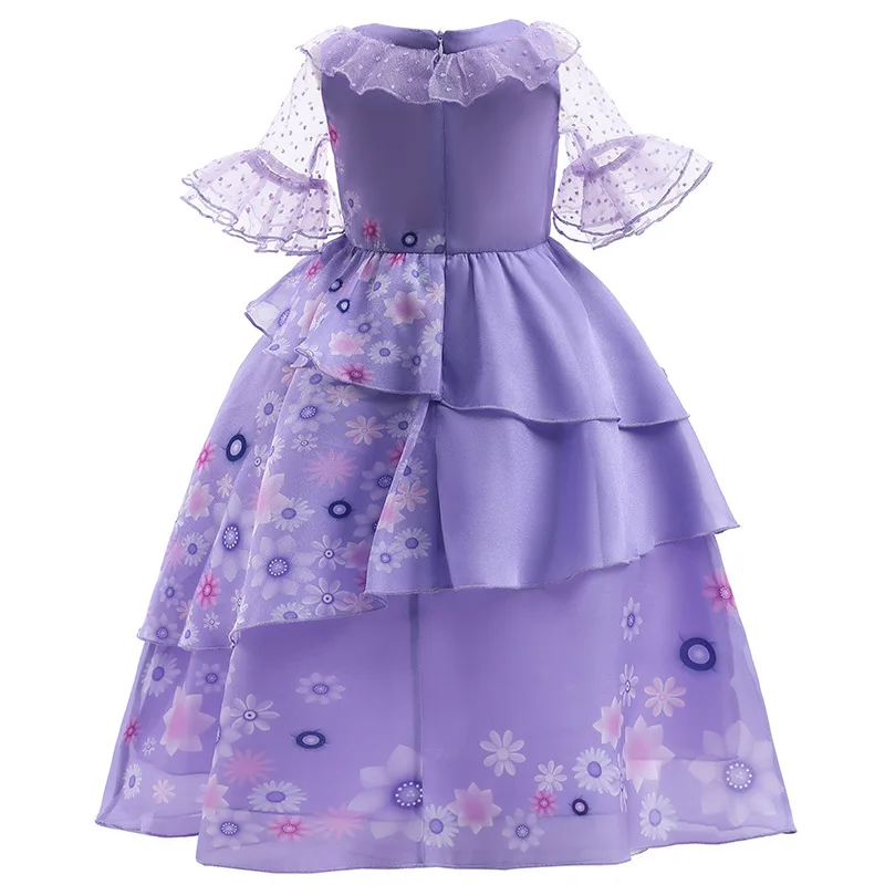 Girls Short Layered Flared Mesh Sleeve Flowers Princess Dress With Garland For Halloween Carnival Birthday Party Dress Up Outfit