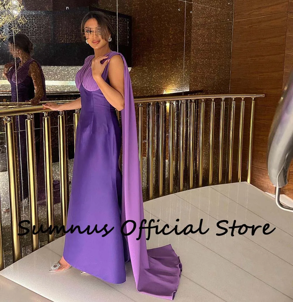 Sumnus Purple Mermaid Saudi Arabic Evening Dresses with Cape Satin Dubai Formal Women Gowns Floor Length Evening Party Dress