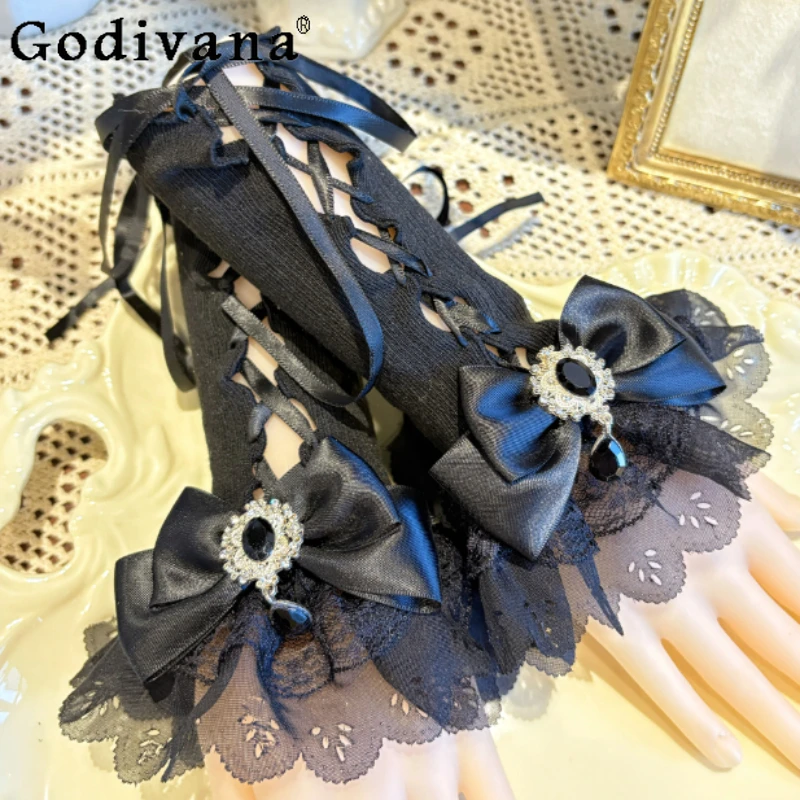 

Japanese Original Lolita Handmade Black and White Lace Tie Gothic Style Sleeve Covers Double Layer Lace Sweet Cute Girl Sleeves