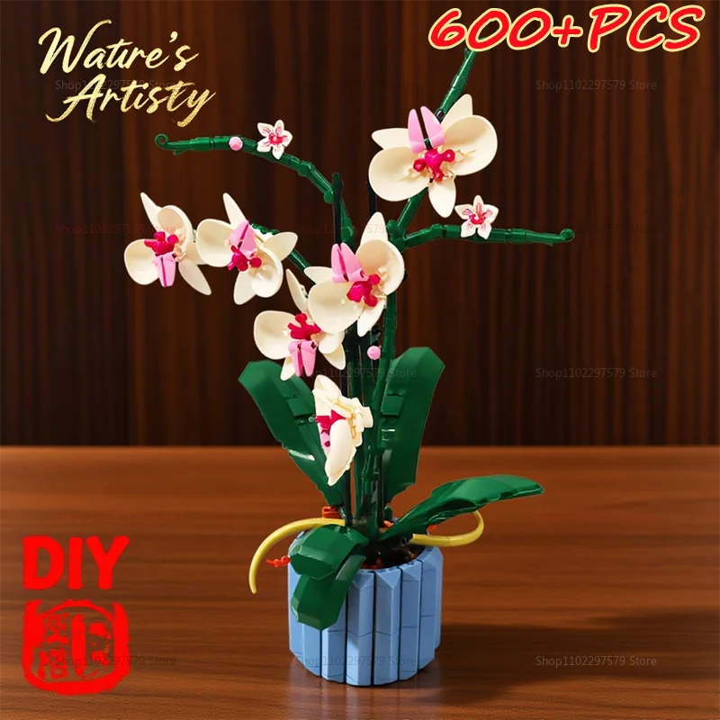 600+PCS DIY Orchid Building Block Kit Creative Bonsai Potted Plant Toys Gift For Adults Kids Garden Display Birthday Anniversary