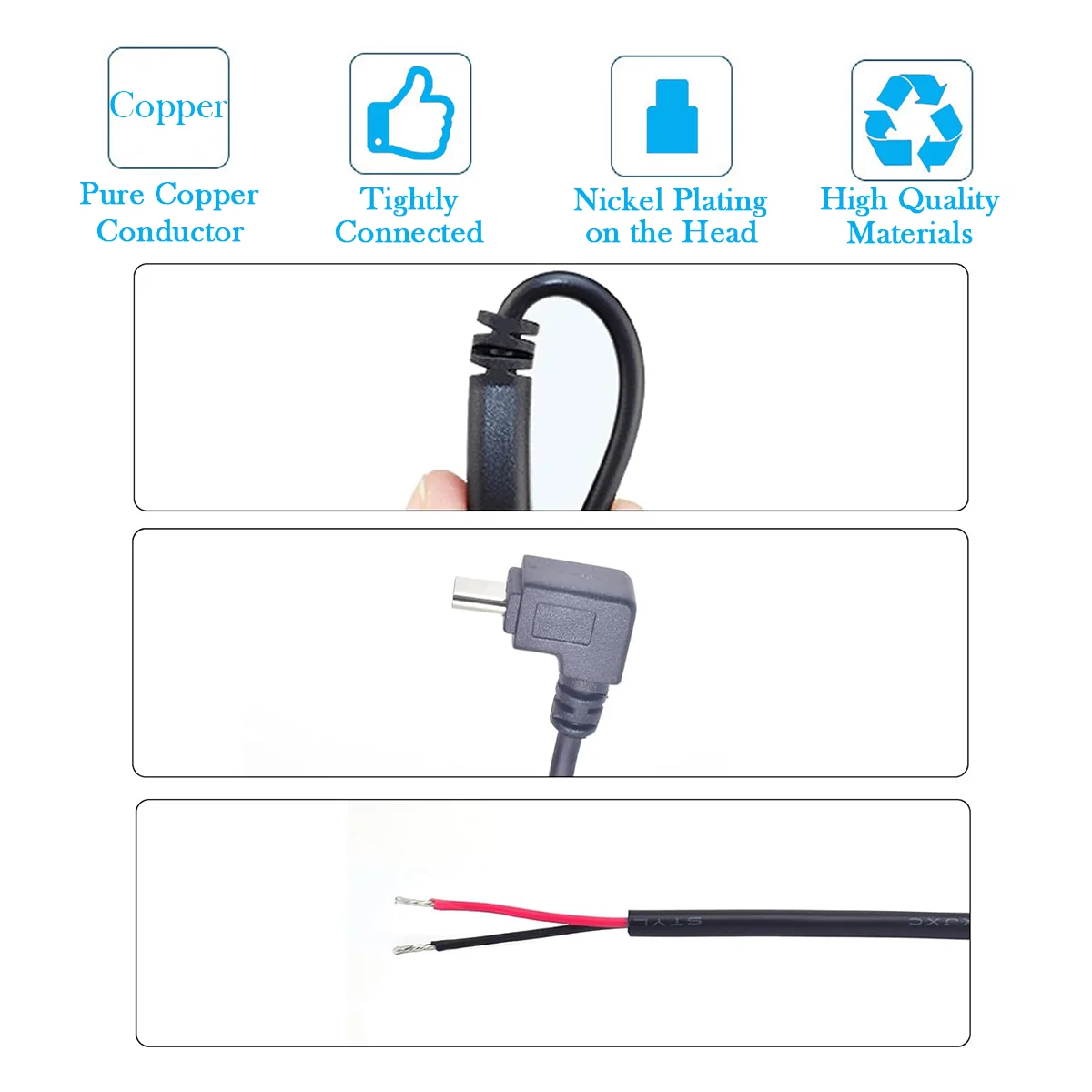 1M/3.3FT 22AWG USB Type C Male Pigtail Cable - 2 Wire Open End Power Cord with Up/Down Angle Connector for DIY Replacement & Ext