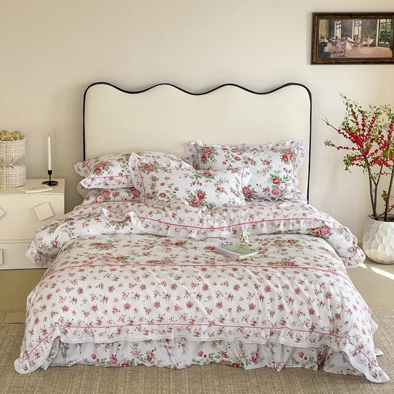 Imagem -02 - Conjunto de Cama Floral Rosa Rosa 100 Algodão Edredão Plissado Capa de Edredão Elegante e Vintage Linda Folha Chique Fronhas Peças