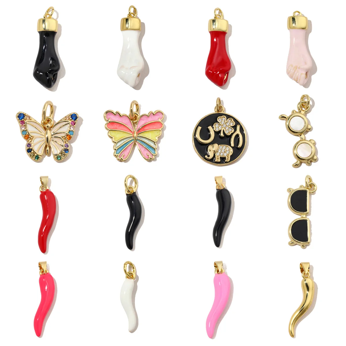 3 unids/lote de gafas de pimentón chapadas en oro de 18k, dijes DIY para mujer, collar de mariposa de circón cúbico, colgantes, joyería de elefante de buena suerte