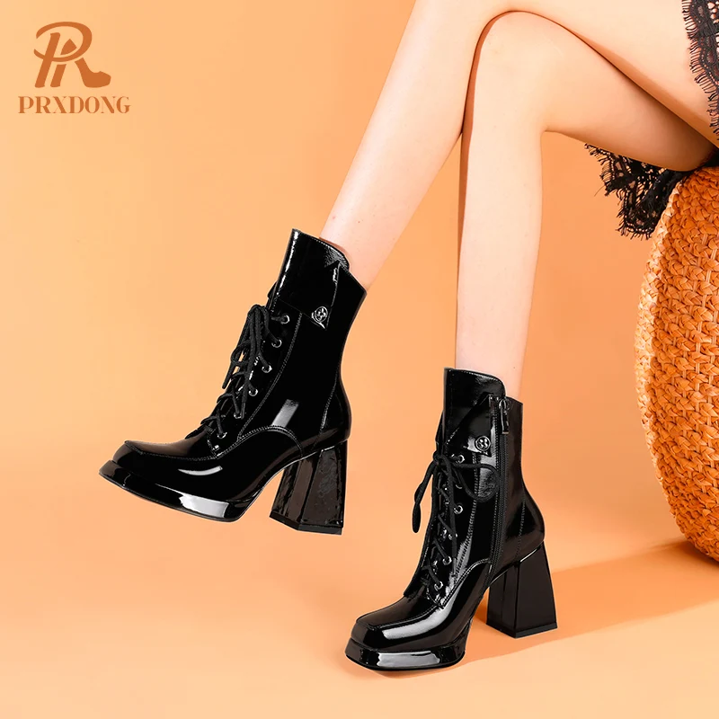 Women\'s 2022 New Autumn Winter Shoes Genuine Patent Leather Chunky High Heel Platform Black White Dress Party Female Ankle Boots