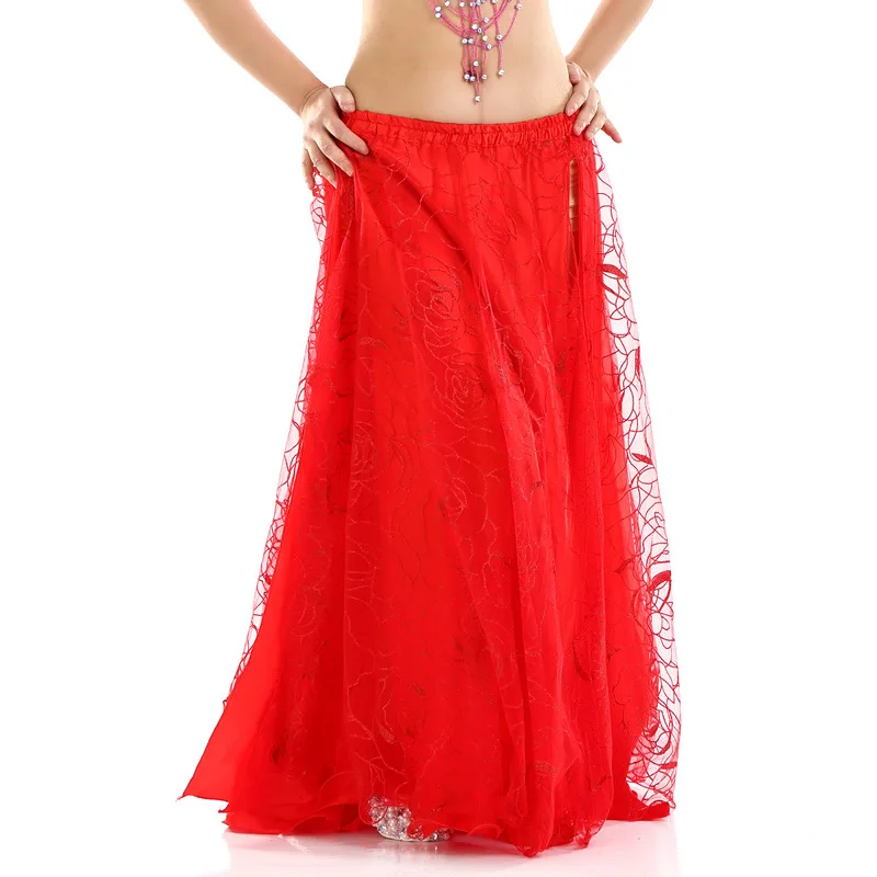 Hot push rose skirt belly dance performance suit outer mesh yarn design double split stunning dance costume source factory