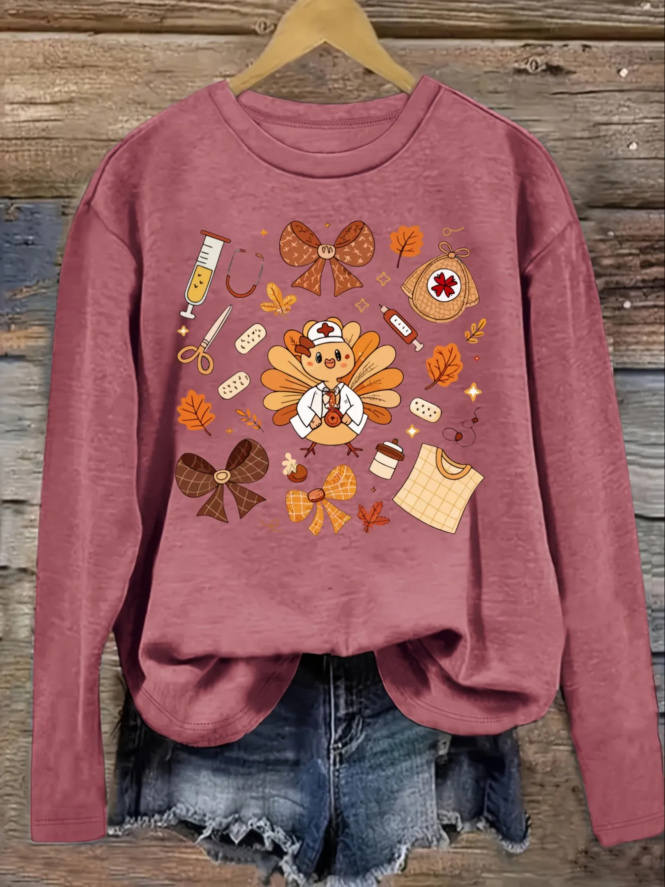 Women's Casual Long Sleeve Crew Neck T-Shirt Cute Turkey Nurse Autumn Pattern Design, Round Neck Women's Clothing, Machine Washable, Slightly Elastic, Loose Fit, Spring Autumn Winter Women's T-Shirt, Halloween Costume Outfit view 3