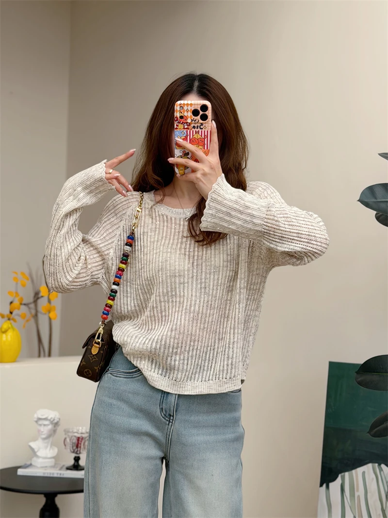 

Loose Knitted Linen Blend Sun Protection irt Air Conditioning Top Hollow out Design Women's Summer Spring Casual Sweater