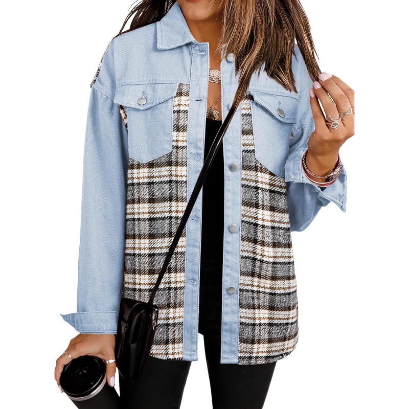 

Women Oversized Denim Casual Long Sleeve Button Down Plaid Shacket Boyfriend Jean With Pockets