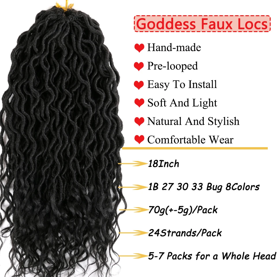 18 pulgadas Faux Locs Crochet Hair con extremos rizados Goddess Faux locks Crochet Hair Dreadlocks Extensiones de trenzas sintéticas para mujeres