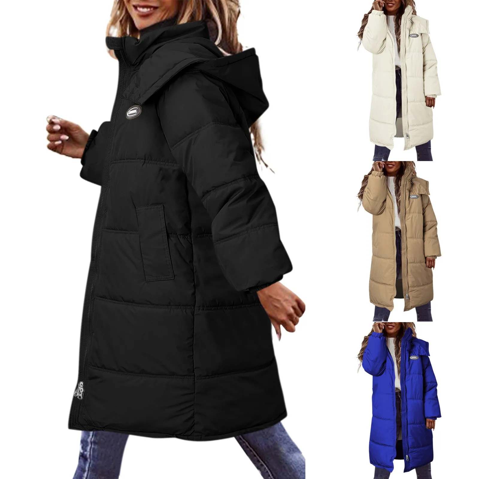 

Women Casual Solid Coat Down Cotton Padded Jacket Hooded Vest Zipper Pocket Loose Long Sleeve Coat