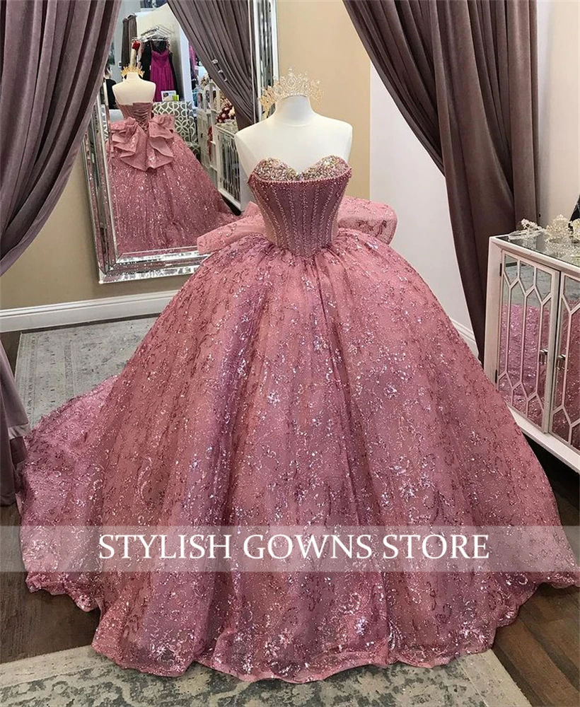 Rose perlé Quinceanera robes Robe De Bal 2023 chérie or Rose paillettes doux 16 Robe à lacets Robe De Bal personnalisé