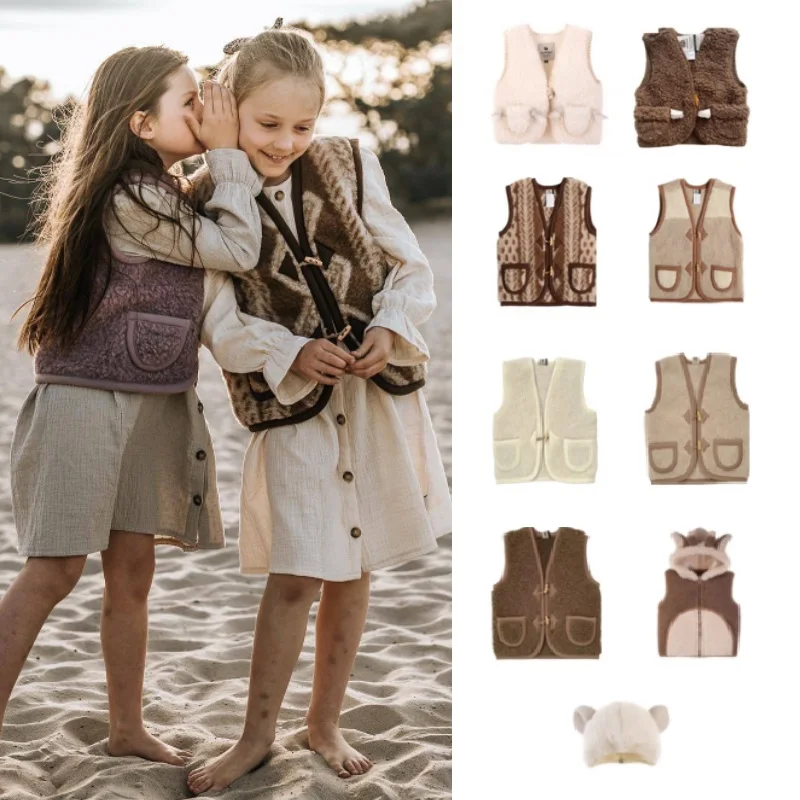 

Children's Vest 2025 Winter New Arrival Brown Fashionable Boy/Girl Cardigan Vest 100% Cotton Warm Children's Double-Sided Jacket