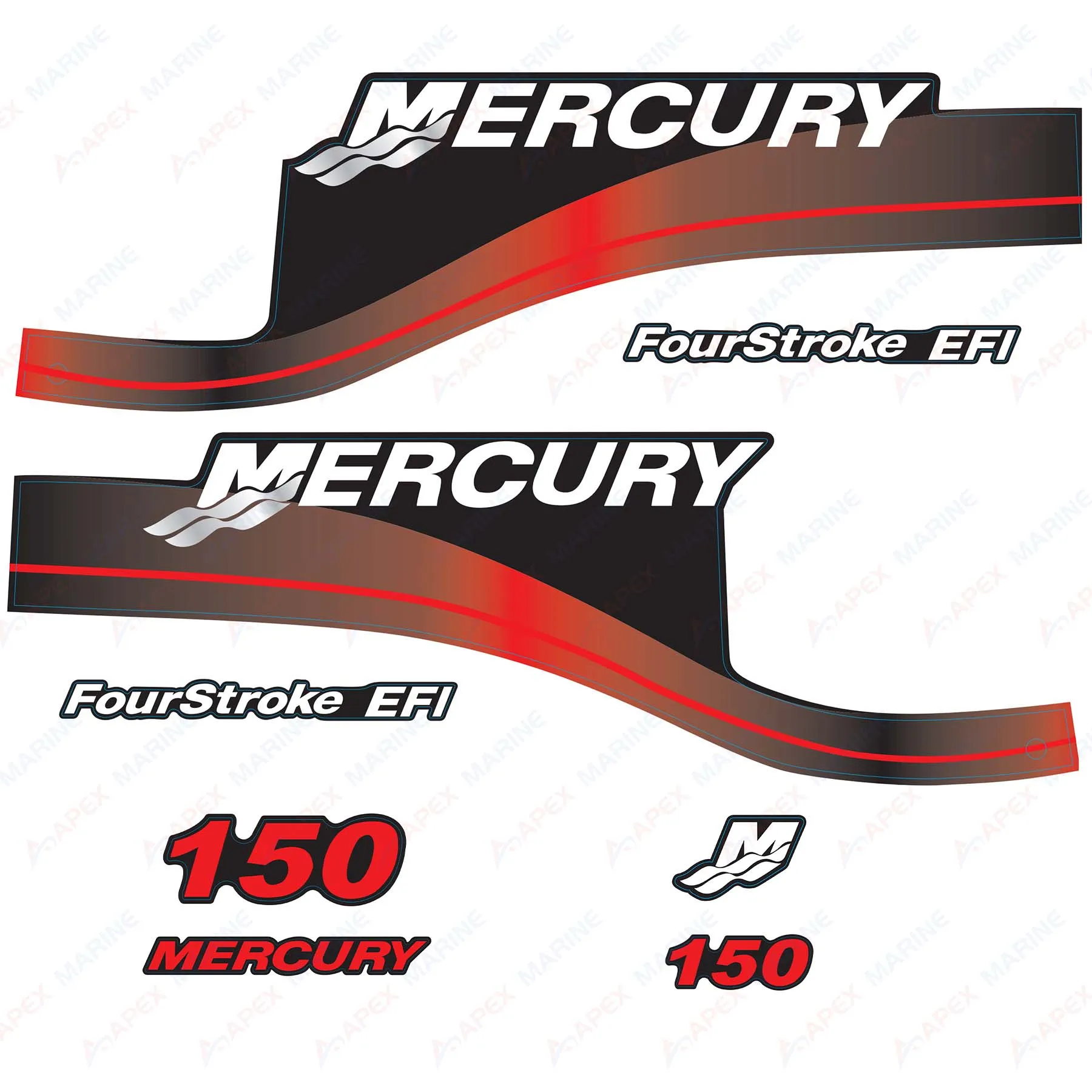 Decals for Mercury 150 hp Four Stroke Outboard Engine Red Decal Kit Sticker Set Reproduction 150HP 4-Stroke EFI