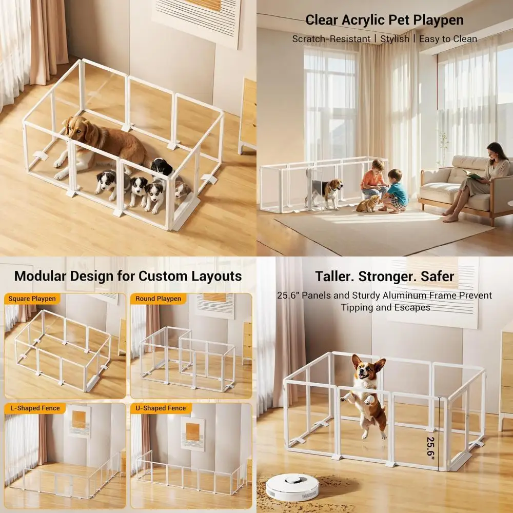 Elegante parque infantil para perros de acrílico transparente con pies de soporte, valla interior para mascotas de 25,6 altos para cachorros, gatos y conejos