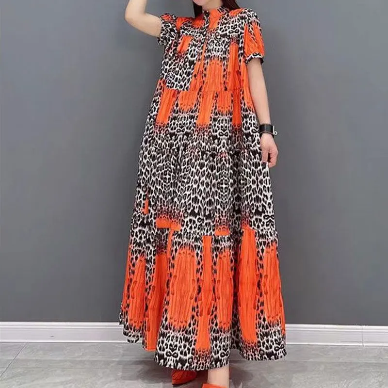 

Vintage Stylish Leopard Spliced Long Dress Summer A-Line Waist Loose Female Clothing Half High Collar Button Commute Dresses New