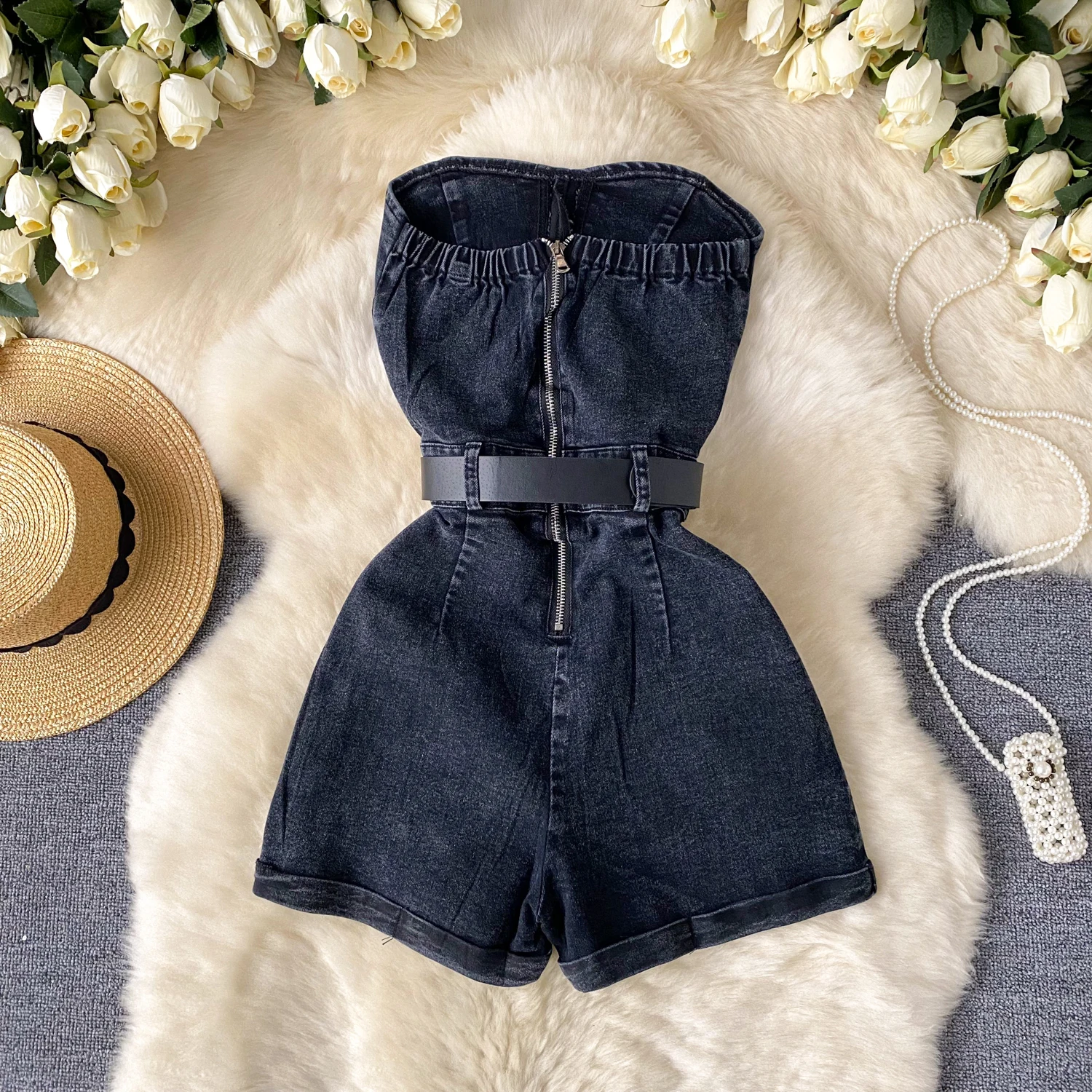 Women Denim one pieces Summer Playsuit Fashion Hot Drill High Waist Slim Sleeveless Strapless Sashes Outfits