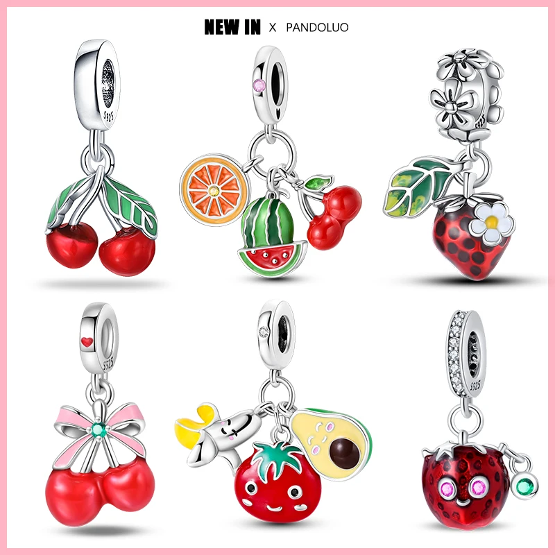 925 Silver Fruit Strawberry & Cherry Charm Fit Pandora 925 Original Bracelet Necklace Womens Fine DIY Jewelry Gifts 2024 New in