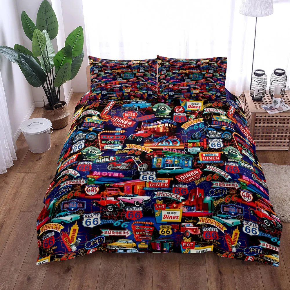 Antique 66 Route Cars Fair Duvet Cover Set,Single Double Full Queen King Blue Quilt Cover