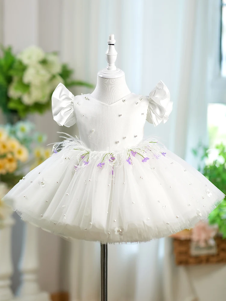 

New Children's Dress Pearl Girl Flying Sleeve Beaded Performance Birthday Princess Puffy Skirt Cross-border Europe and America