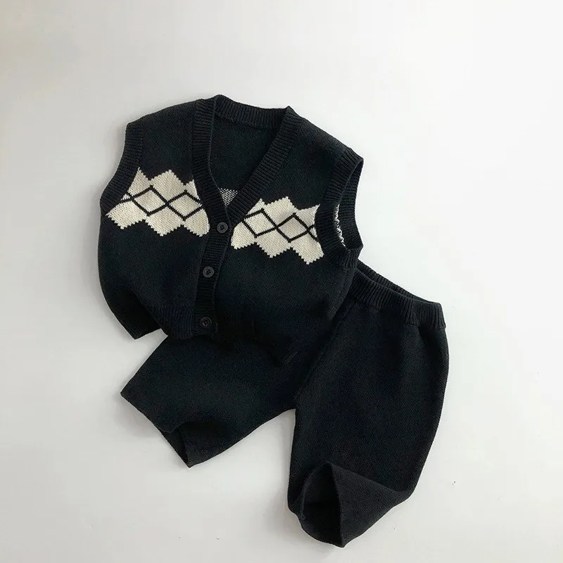 Autumn Kid Simple Casual Knitted Cardigan Vest Boy Baby Solid Knitting Pants Girl Children Knit Cotton Waistcoat Infant Knitsuit