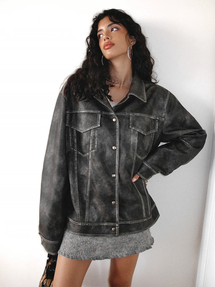 레트로 워싱 PU 가죽 재킷 여성용 가을 겨울 숏탑 스탠드 칼라 및 3D 포켓 디자인 by Itsnikar