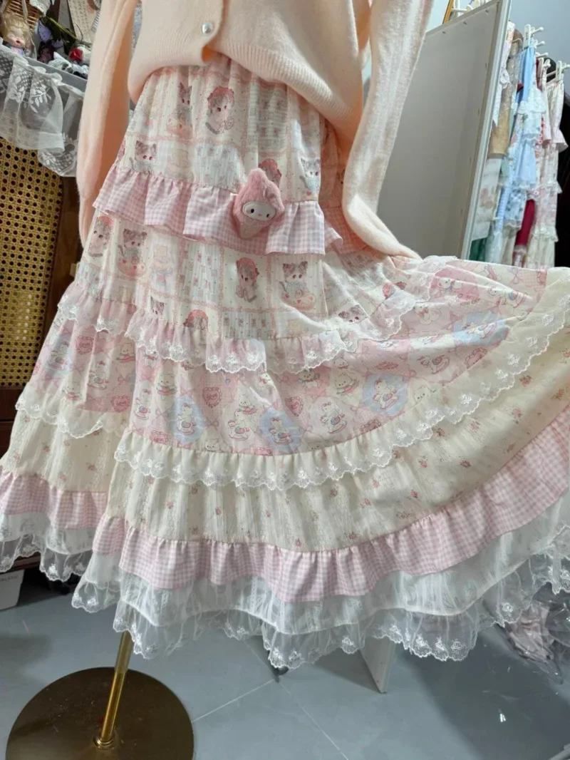 New Fashion Pink Cute Cat Print Spring Autumn Skirt Women Ruffles Mesh Plaid Elastic Waist Multi-Layer Big Swing Midi Skirts