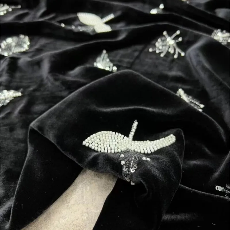 가을, 겨울 무거운 크레페 수 놓은 파란색 실크 벨벳 원단 하나의 꽃 세 가지 색상 중국어 번체 스타일 코트 순수