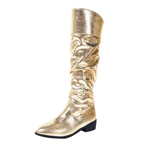 Lange Fingerstiefel für Frauen, High Heels, Slip-on, Plissee, PU-Leder, sexy, Plus Size 42, Gold, Designer, Luxus, Kniegröße 8 Hauptverkäufe goldene Lederschuhe - №6