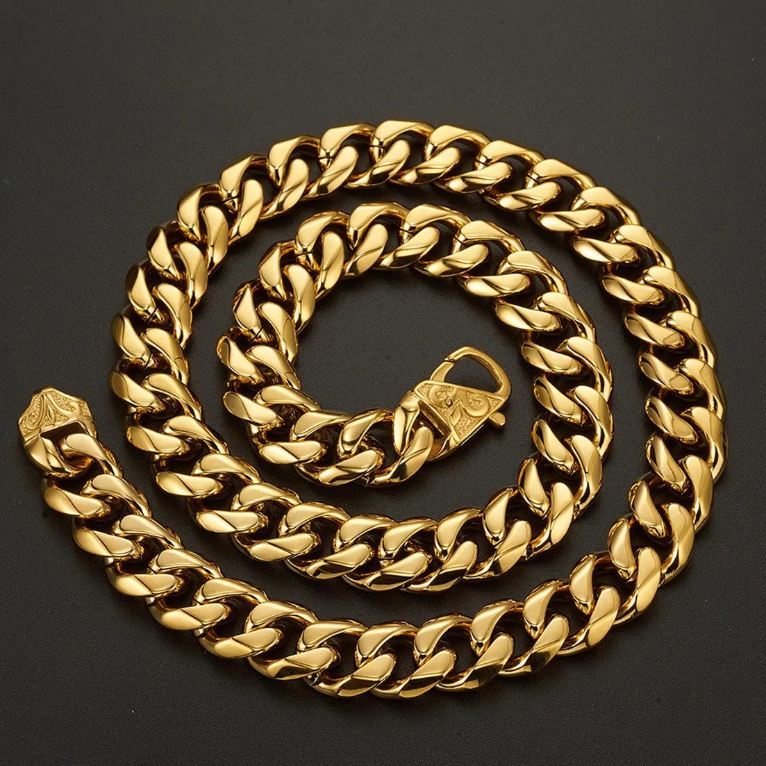 

Stainless Steel Miami Curb Cuban Link Chain Boys Classic Necklace Flower Engrave Retro TrendNeck Jewelry Accessories Boyfriend