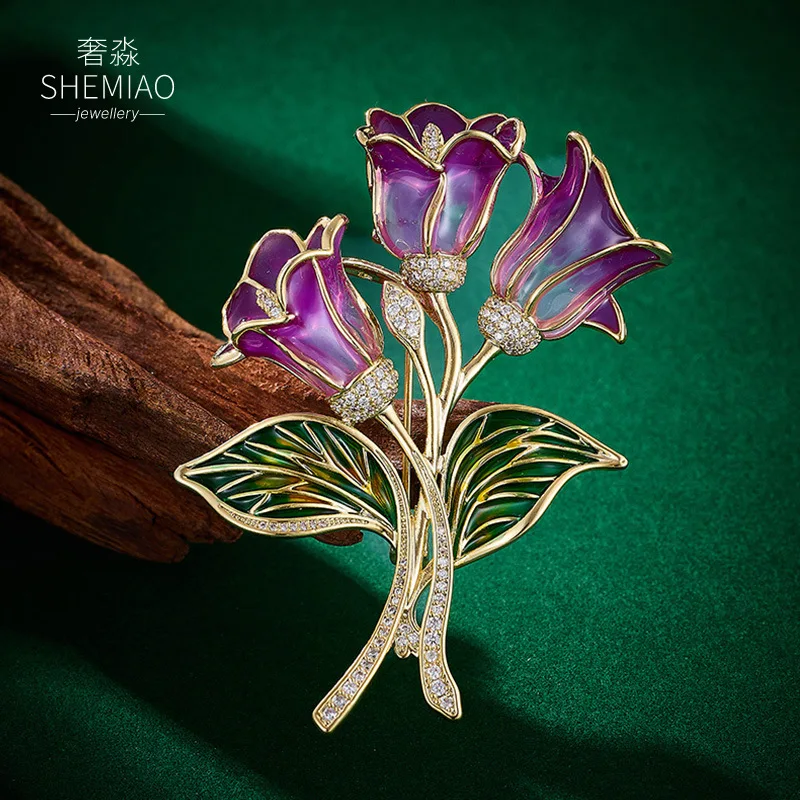 Chinese Style Enamel Copper Inlaid Zircon Purple Flower Brooch Elegant Vintage Lucky Auspicious Blessing Jewelry For Cheongsam