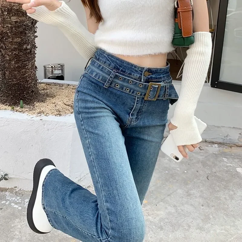Female Clothing High Waist Bootcut Jeans Fashion Detachable Belt Denim Pants Retro Button Casual Slim American Hotsweet Trousers