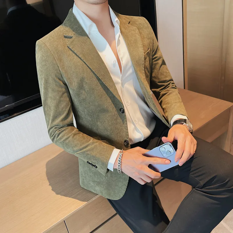 2023 Mode Mannen Corduroy Blazers Top Kwaliteit Business Casual Pak Jassen Slim Fit Wedding Bruidegom Streetwear Sociale Jurk Jas