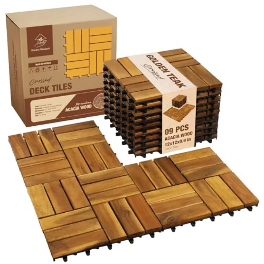 

Premium Acacia Wood Interlocking Deck Tiles, 9 PCS 12"x12"x0.9" Patio Flooring, Waterproof Decking Tiles for Balcony, Backyard