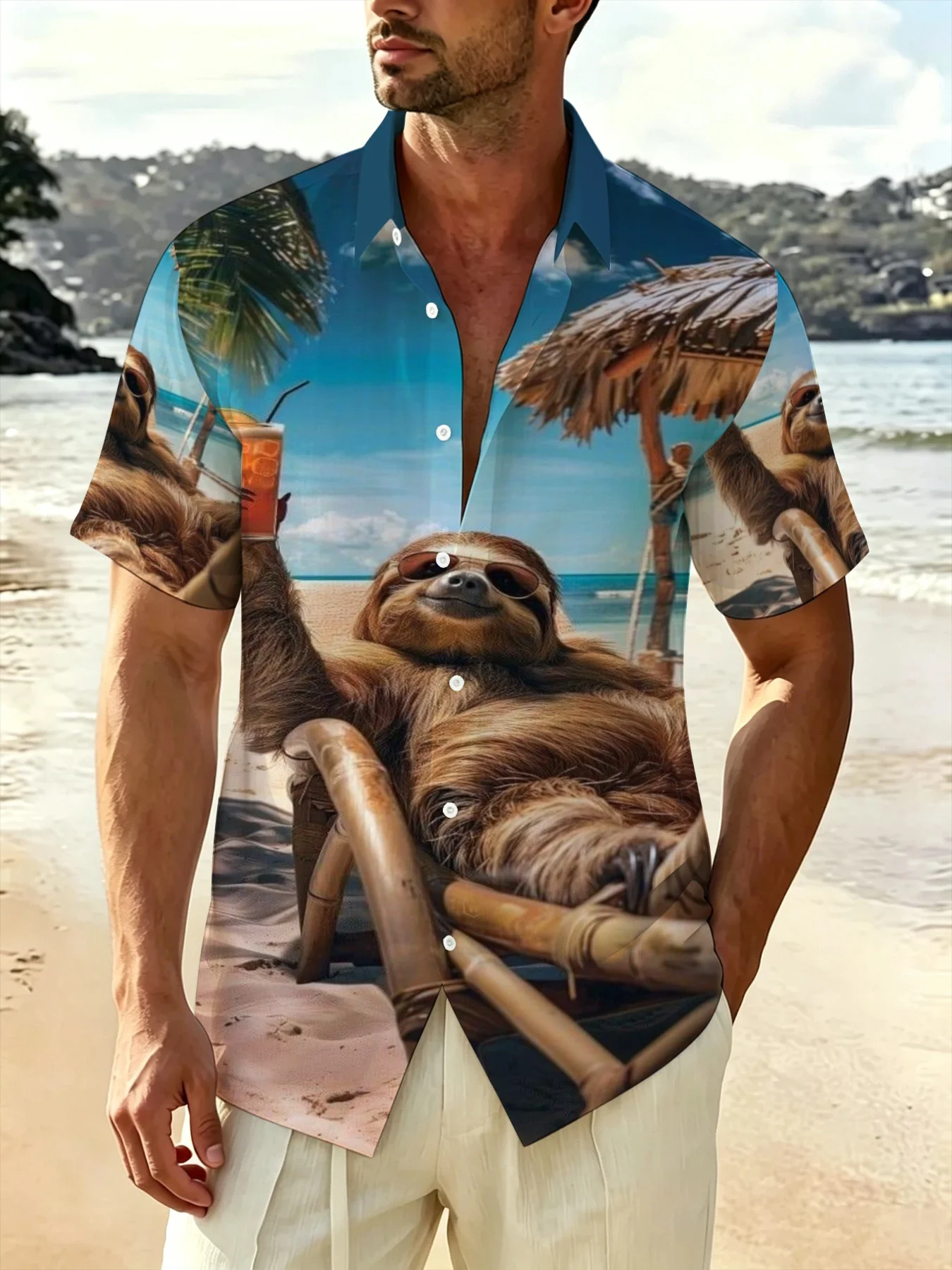 Hawaiian-style monkey beach 3D printed short-sleeved shirt, men's vacation beach style summer loose collar shirt