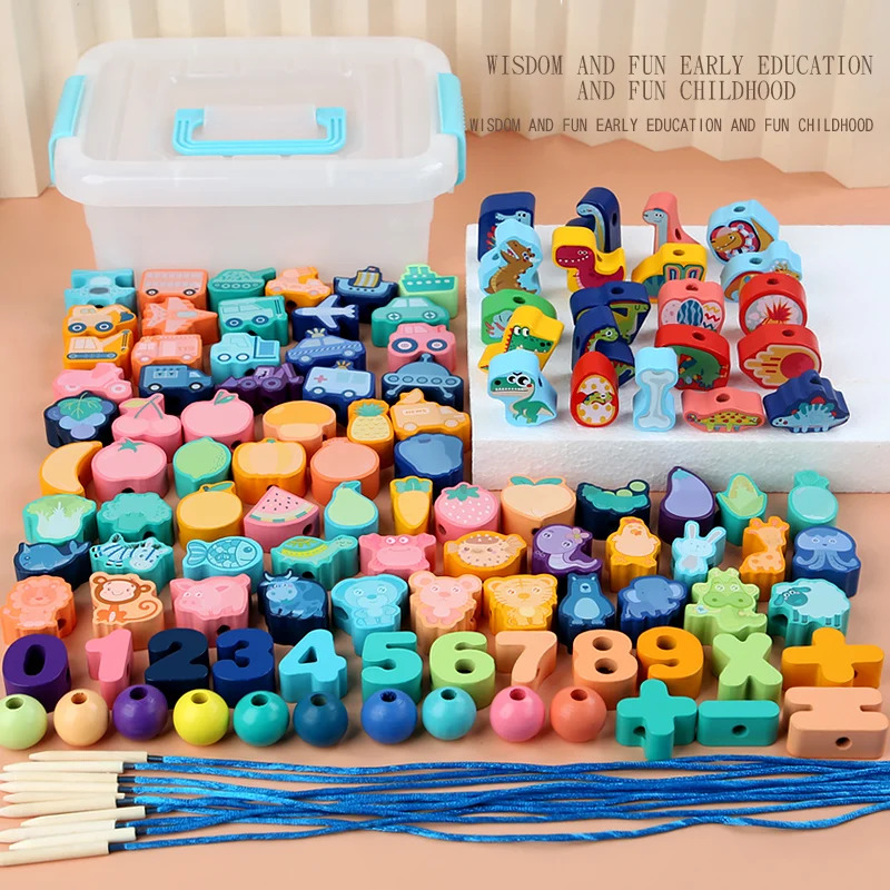 Montessori DIY Wooden Toys Cartoon Dinosaur Animal Stringing Threading Wooden Beads Educational Toys for Kids Christmas Gift