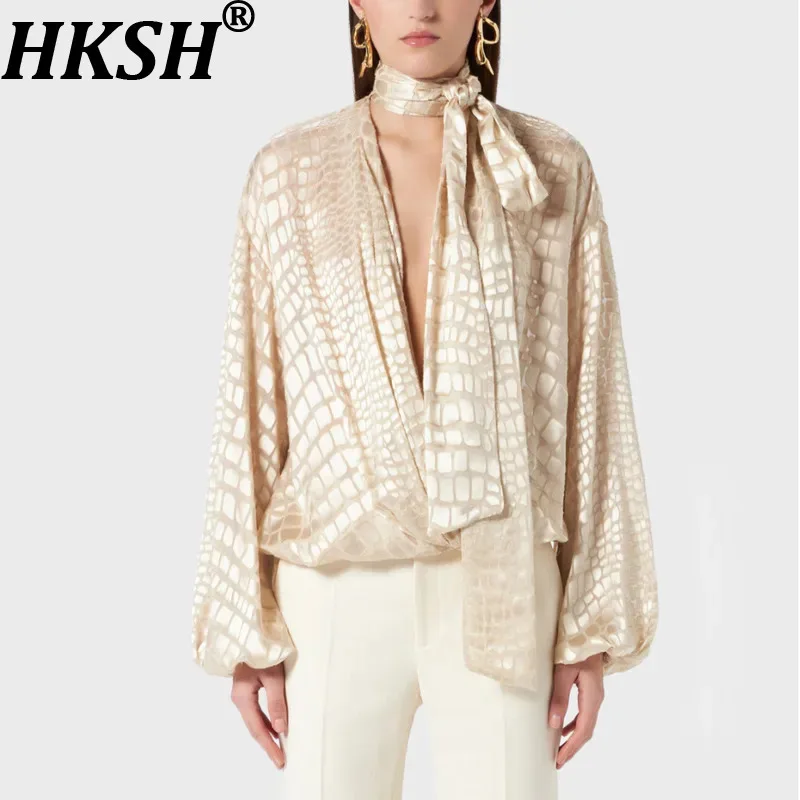 

HKSH Women Shirt Niche Design Halter Neck Lace-up Ribbon V-neck Long Sleeve French Elegant High-end Blouse Chic Top Summer H2683