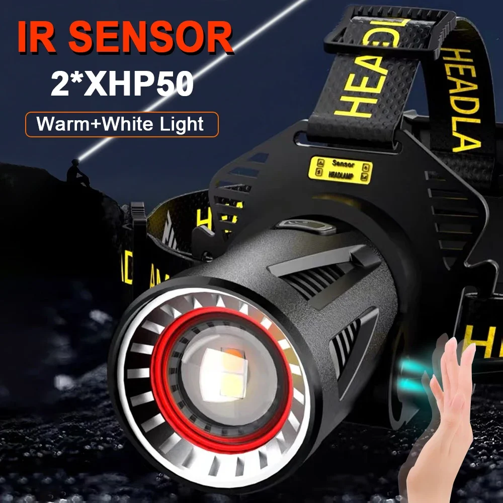 IR Sensor LED Headlamp Zoomable Yellow+White Headlight High Power USB Rechargeable Head Flashlight Power Bank Fishing Head Light