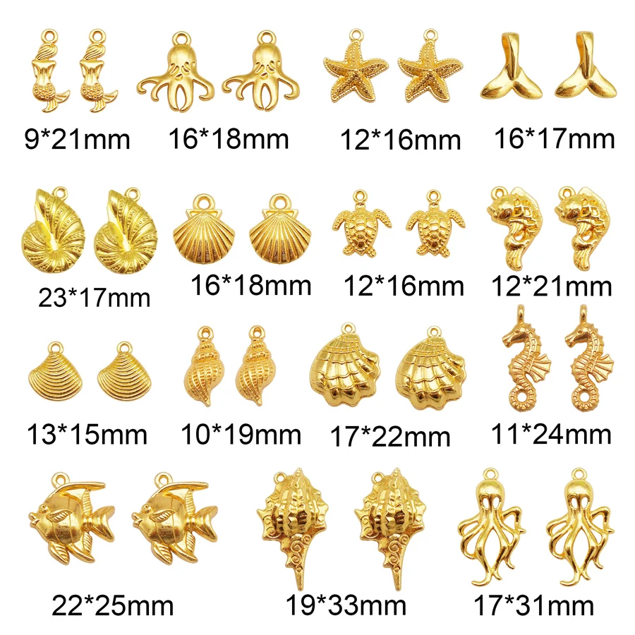 15PCS Gold Color Marine Life Charms Alloy Fish Mermaid Shell Conch Seahorse Octopus Pendant Bracelet Jewelry Handmade Accessory