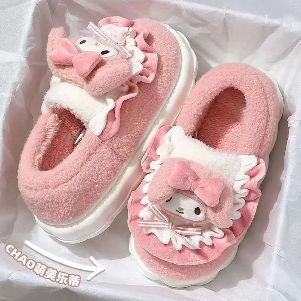 New Kuromi Hello Kitty Womens Slippers Sanrio My Melody Cinnamoroll Kawaii Cartoon Cute Indoor Outdoor Thick Sole Winter Slipper