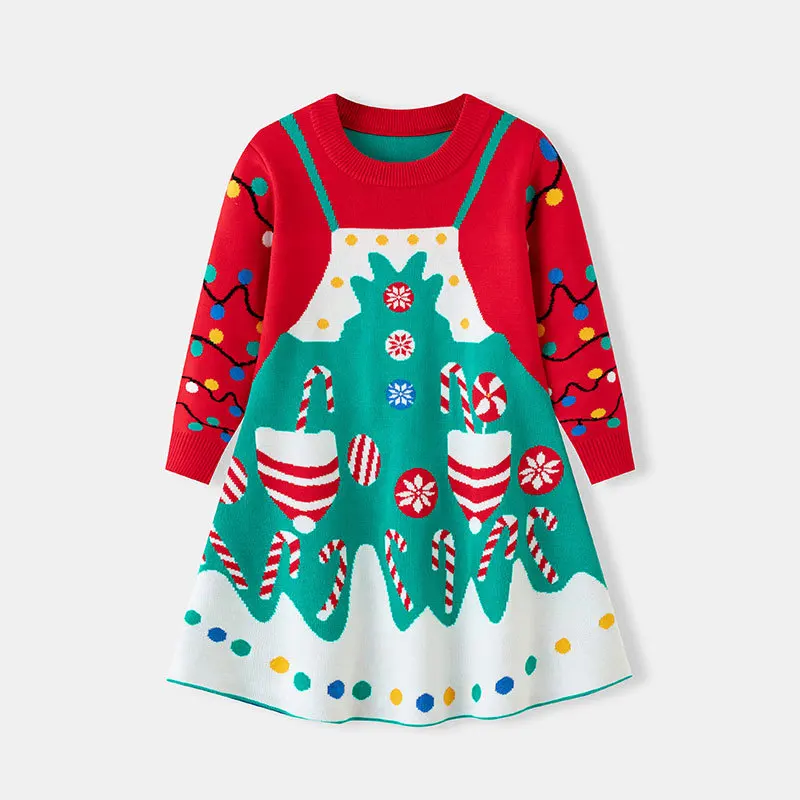

Baby Girls Cartoon Santa Claus Jacquard Christmas Warm Knitted Pullover Sweater Dress Kids Autumn Winter Xmas Dress Knitwear
