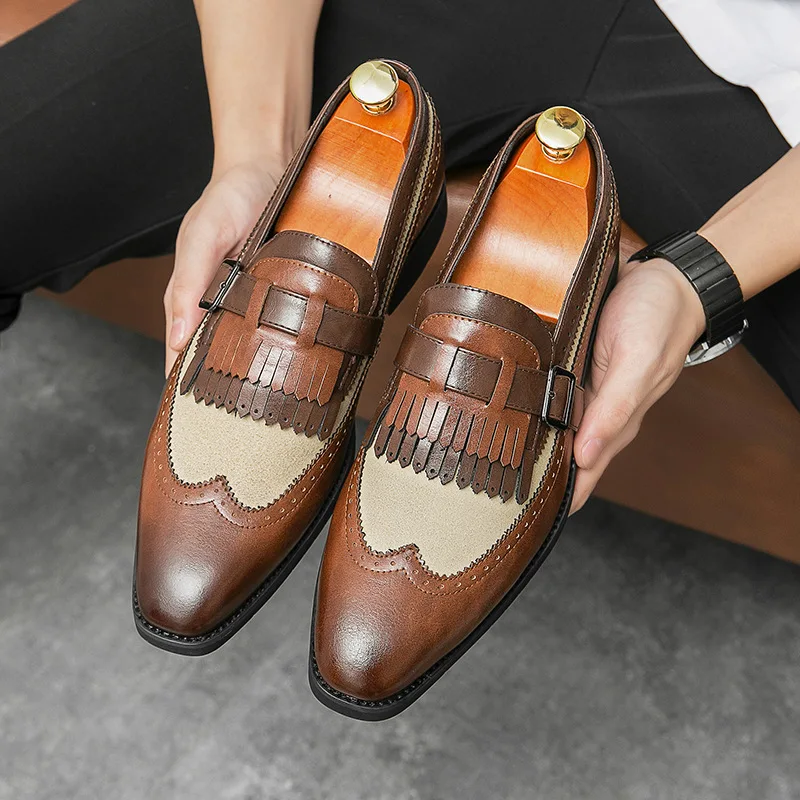 

Men Loafers Business Dress Shoes British Style Leather Brogue Shoes Slip on Office Leather Shoes Handmade Pointed Toe Men Flats